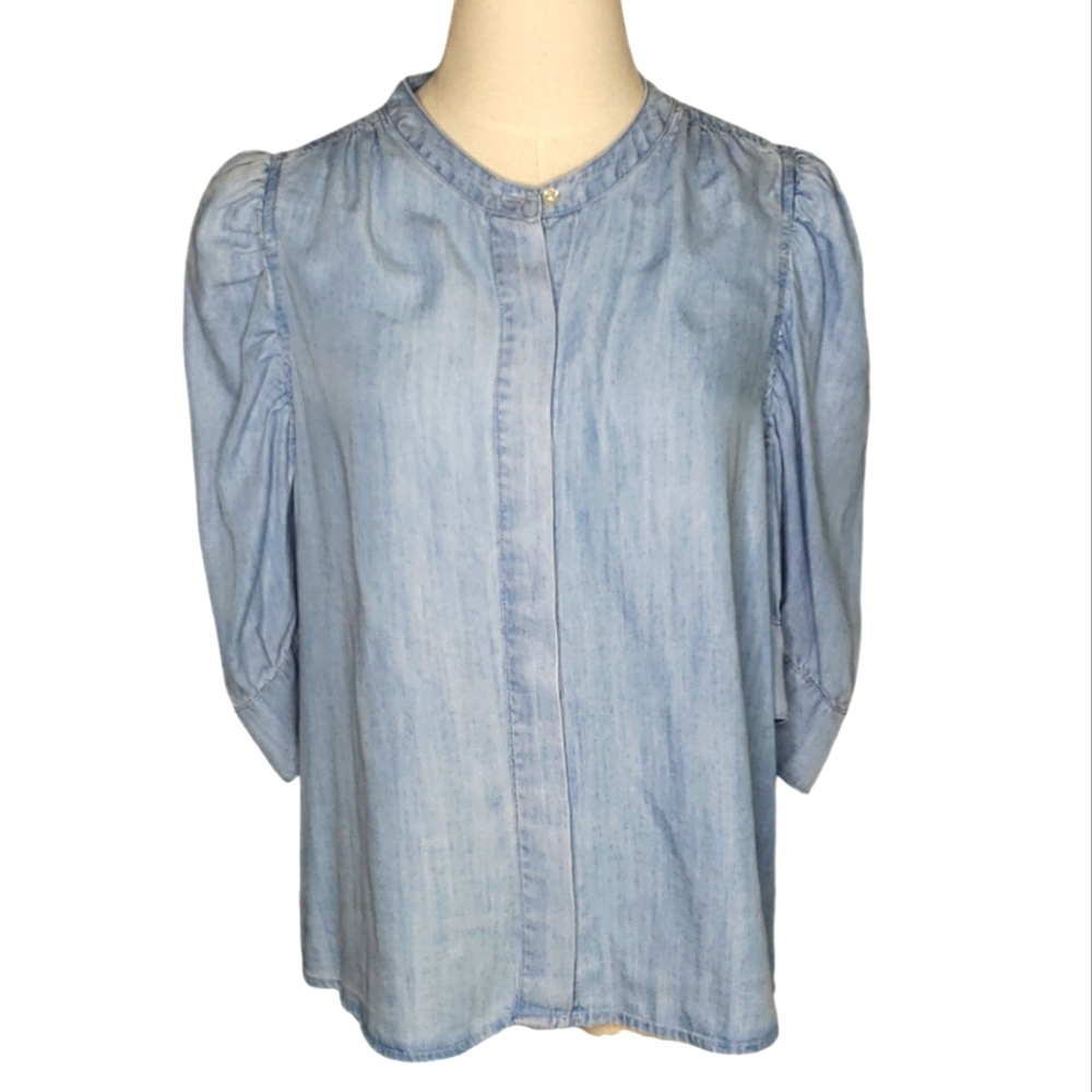 Dear John Rowan Tencel Hidden Buttondown Gathered Poofy Shoulder Sleeves Soft  L